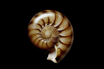 Close up of a beautifully spiraled nautilus shell showcasing intricate patterns and textures against a black background Natural beauty, marine life, shell photography