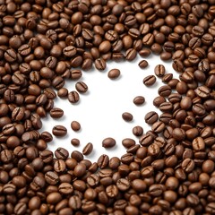 Obraz premium Coffee beans, scattered, curved arrangement, Coffee grounds explosion, dark brown particles, dynamic splatter isolated on white background.