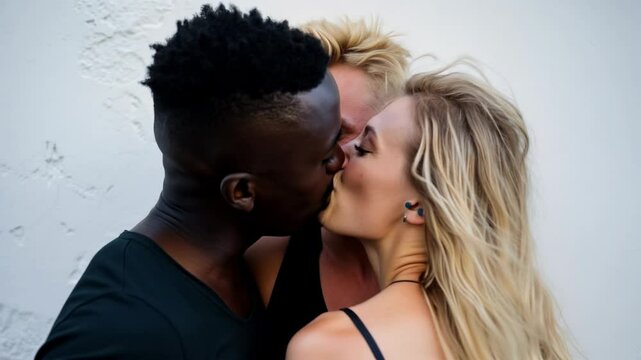 Polyamorous people, Smiling blond Scandinavian man sharing his wife with a black african man living in a Polyamorous relationship	

