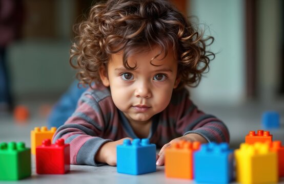 Child lies on floor playing with colorful plastic building blocks. Innocent child plays with simple toys. Child looks directly at camera. Child refugee. Child curly brown hair. Building blocks - Powered by Adobe