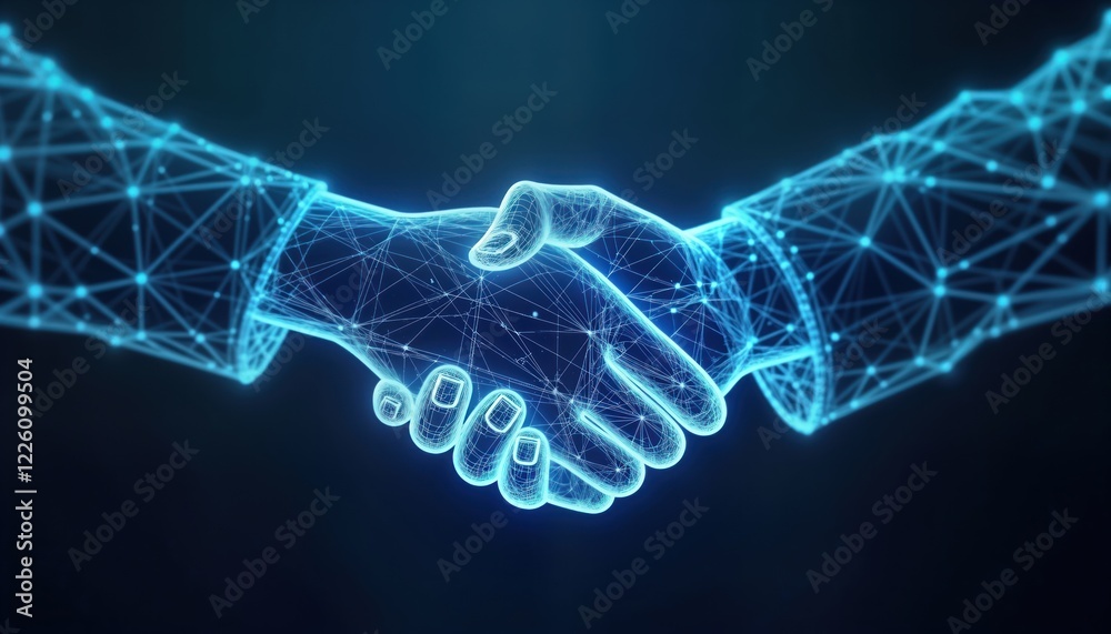 Leinwandbilder abstract digital glowing low poly wireframe handshake on blue background shows business cooperation.