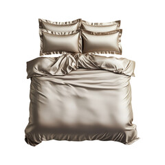Luxurious satin bedding set with decorative pillows on a transparent background