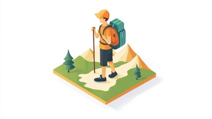 Hiker in Orange Attire Trekking Through a Scenic Mountain Landscape with Pines