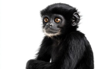 Fototapeta premium Adorable young gibbon, black fur, intense gaze.