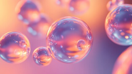 Abstract iridescent spheres float in a soft pink orange glow