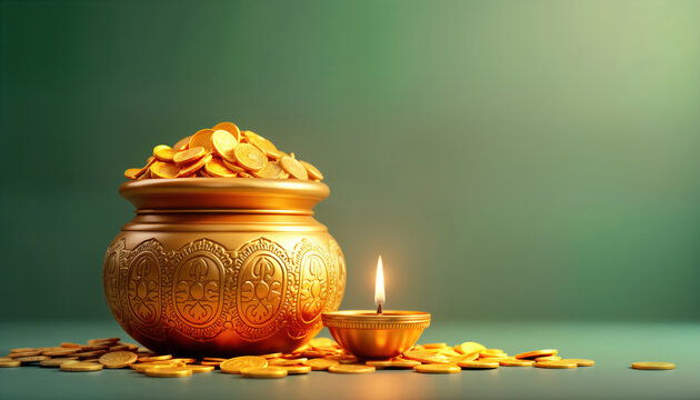 Golden pot filled with coins sits on green background. Festive diya lamp burns nearby. Indian festival Dhanteras celebration depicted. Pot represents wealth, prosperity. Traditional Hindu festival.
