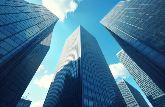 Tall glass skyscrapers stand against clear blue sky dotted with white clouds. Modern architecture in business district. Urban scene. High rise buildings. Exterior view of corporate headquarters.