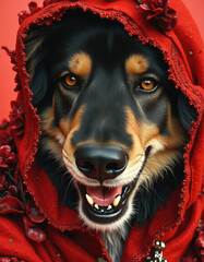 Cheerful Dog Dressed In A Red Hood With Floral Accents Smiling Brightly Against A Red Backdrop