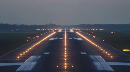 Airplane cockpit view of runway with lights