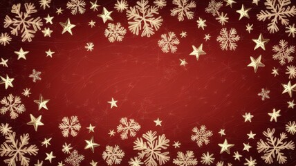 A festive winter-themed background featuring gold snowflakes and stars on a rich red backdrop, perfect for holiday greetings and celebrations.