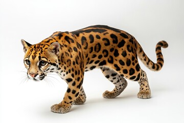 Fototapeta premium Majestic ocelot gracefully walks on a white background.