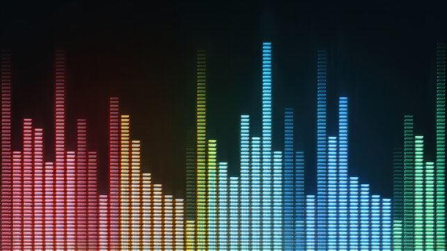 An abstract representation of sound waves, featuring vibrant colors like red, yellow, and blue emanating from a dark background, creating a dynamic visual effect.