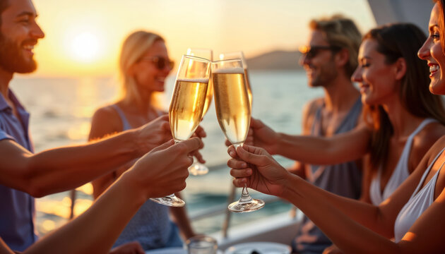 Group of friends enjoy champagne on a luxury yacht. Sunset atmosphere. Celebration with drinks. Traveling by boat. Summer vacation. Holiday time. Fun time. Friends enjoy cruise. Luxury experience. - Powered by Adobe