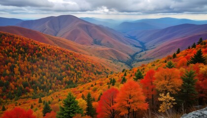 Fototapeta premium High angle view of autumnal Adirondack High Peaks landscape. Vibrant fall colors paint mountain slopes with reds yellows, oranges. Dense forests of colorful trees descend into valley. Scenic view of