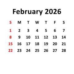 february 2026. Calendar with holydays or red dates. monthly calendar design with week starts on sunday. printable, simple, and clean vector design isolated on white background.