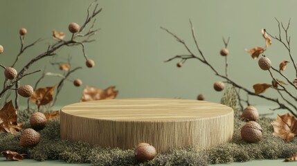 Wooden podium with branches and acorns on green background