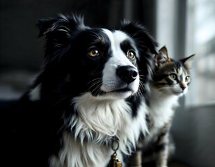 Fototapeta premium Dog and Cat Sitting Together by Window