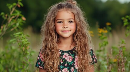Girl smiling in field, summer portrait, nature background, for children's publications