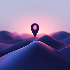 Location pin icon above purple hills at sunrise.