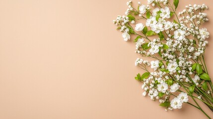 Spring flowers on peach background, copy space, flatlay.  Perfect for greeting cards