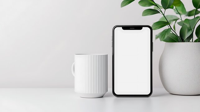 Modern minimalist workspace with smartphone, mug, and plant.