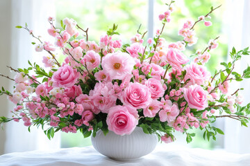 Elegant arrangement of pink roses and eucalyptus in a white vase by the window, ideal for home decor, weddings, or romantic floral-themed designs.

