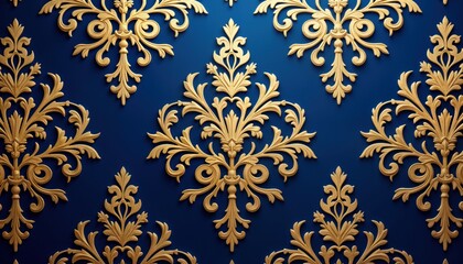Luxury gold damask pattern on deep blue velvet background. Intricate floral motifs create ornate design. Elegant, timeless style evokes baroque victorian era. Luxurious textile pattern. High quality