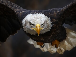 A dramatic image of a bald eagle in flight, its fierce eyes and majestic wings spread wide against the backdrop of the open sky, capturing its wild essence.
