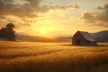 serene sunset over golden wheat field with rustic barn