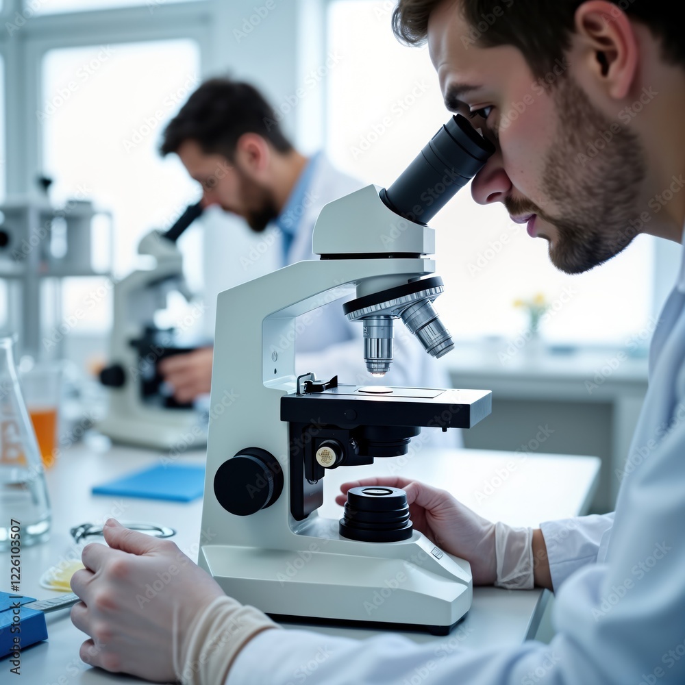 Poster Scientists examine sample under microscope in lab. Research, analysis focus. Two scientists work in lab environment. Modern equipment used for study. Precision, method in procedure. Discoveries