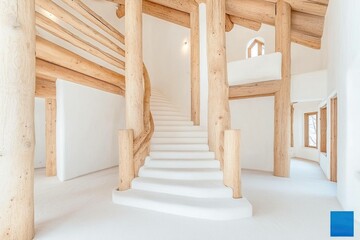 Modern minimalist interior with wooden staircase, emphasizing natural materials and light, perfect for showcasing contemporary architecture concepts