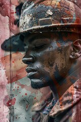 Close-up of a miner with a dirty face wearing a helmet with his eyes closed