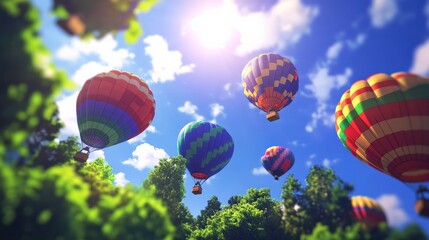 Fototapeta premium Colorful hot air balloons soaring in a clear blue sky over lush green trees on a sunny day