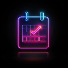 Neon glowing calendar icon with checkmark.