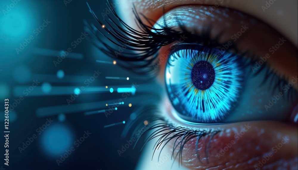 Aufkleber Futuristic eye with digital network patterns. Abstract representation of cyber tech, future tech trends in cyber security. Shows advanced tech concept with digital lines, high speed internet. Image
