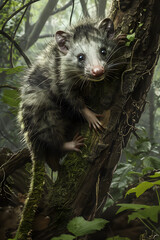 North American Opossum Exhibiting Its Natural Climbing Skills in The Wild Forest