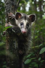 North American Opossum Exhibiting Its Natural Climbing Skills in The Wild Forest