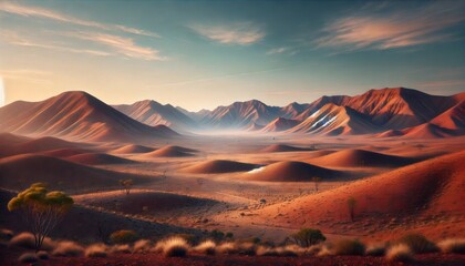Flinders ranges south australia at sunset showing wilpena pound and red ochre colored hills