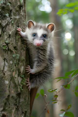 Naklejka premium North American Opossum Exhibiting Its Natural Climbing Skills in The Wild Forest