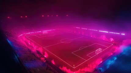 Vibrant soccer stadium illuminated with smoke effects.