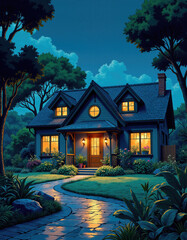 Charming Nighttime Home Surrounded By Lush Greenery And Soft Glowing Lights
