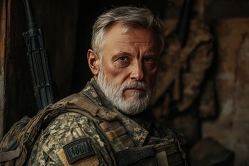 Fototapeta premium A close-up of a solemn military figure with a gray beard, wearing a camouflaged uniform, symbolizing strength, experience, and readiness.
