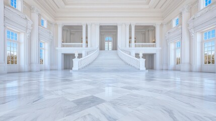 Fototapeta premium Grand white marble staircase in a luxurious empty palace hall illuminated by bright natural daylight.