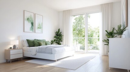 Modern bedroom design, bright sunlight, balcony view, minimalist decor, ideal for real estate listings