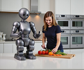 Robot helping woman prepare a meal in the kitchen. Generative AI