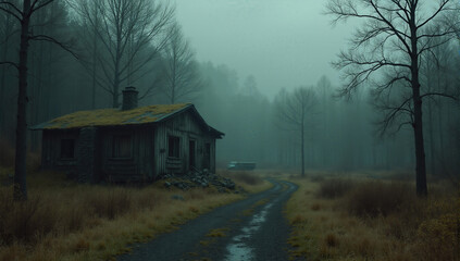 A Rustic Abandoned Cabin On A Foggy Path, Evoking Nostalgia And Mystery In The Wilderness.
