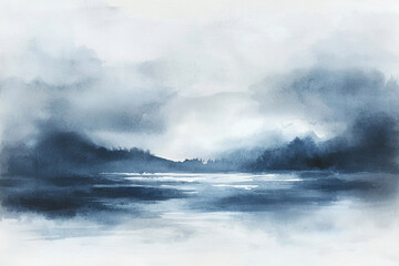 Obraz premium Serene misty landscape with tranquil water and distant mountains under a cloudy sky at dawn