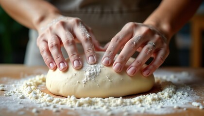 Close-up hands kneading dough on wooden table. Flour is sprinkled around. Baking process is in progress. Homemade bread or pastry preparation. Culinary skills. Artisan work