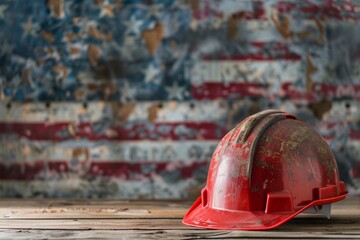 Red hardhat resting on a worn wooden surface with a blurred american flag in the distance