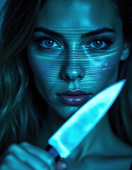 Striking Portrait Of A Woman With Artistic Light Patterns And A Knife Creating A Mystical Atmosphere.
